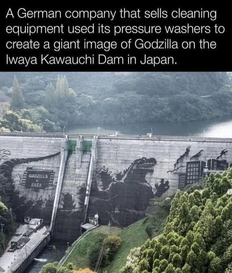 A German company that sells cleaning equipment used its pressure washers to create a giant image of Godzilla on the Iwaya Kawauchi Dam in Japan. GODZILLA SAGA
