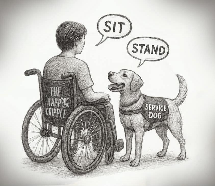 The text on the wheelchair reads 'THE HAPPY CRIPPLE'. The dog's vest says 'SERVICE DOG'. Speech bubbles above the dog say 'SIT' and 'STAND'.