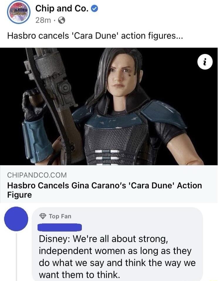 Chip and Co 28m Hasbro cancels Cara Dune action figures CHIPANDCOCOM Hasbro Cancels Gina Caranos Cara Dune Action Figure Top Fan Disney Were all about strong independent women as long as they do what we say and think the way we want them to think