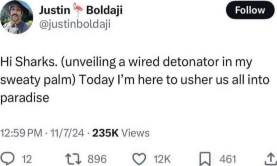 Hi Sharks. (unveiling a wired detonator in my sweaty palm) Today I’m here to usher us all into paradise