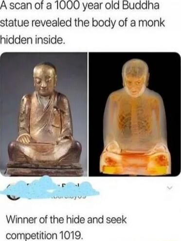 A scan of a 1000 year old Buddha statue revealed the body of a monk hidden inside. Winner of the hide and seek competition 1019.