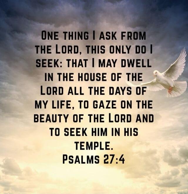 ONE THING I ASK FROM THE LORD, THIS ONLY DO I SEEK: THAT I MAY DWELL IN THE HOUSE OF THE LORD ALL THE DAYS OF MY LIFE, TO GAZE ON THE BEAUTY OF THE LORD AND TO SEEK HIM IN HIS TEMPLE. PSALMS 27:4