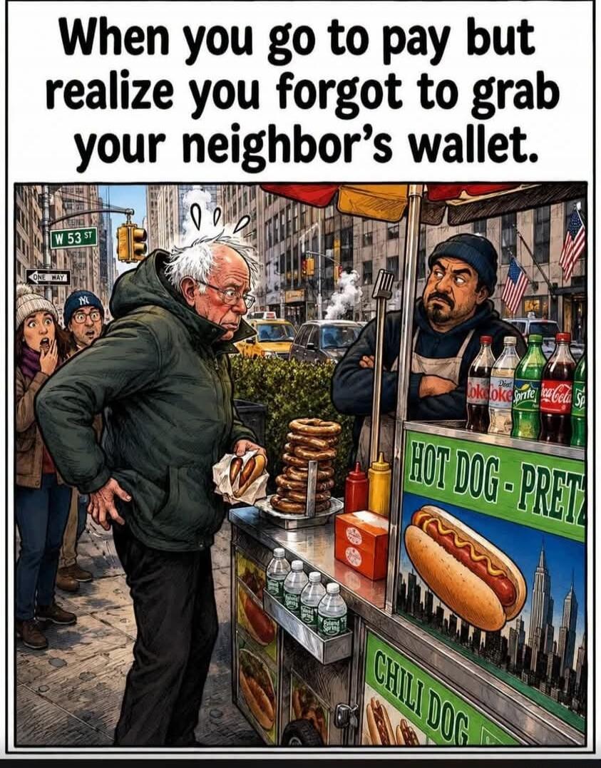 When you go to pay but realize you forgot to grab your neighbor's wallet. W 53 ST. ONE WAY. HOT DOG - PRETZEL. CHILI DOG.