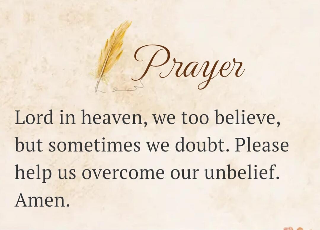 Prayer Lord in heaven, we too believe, but sometimes we doubt. Please help us overcome our unbelief. Amen.