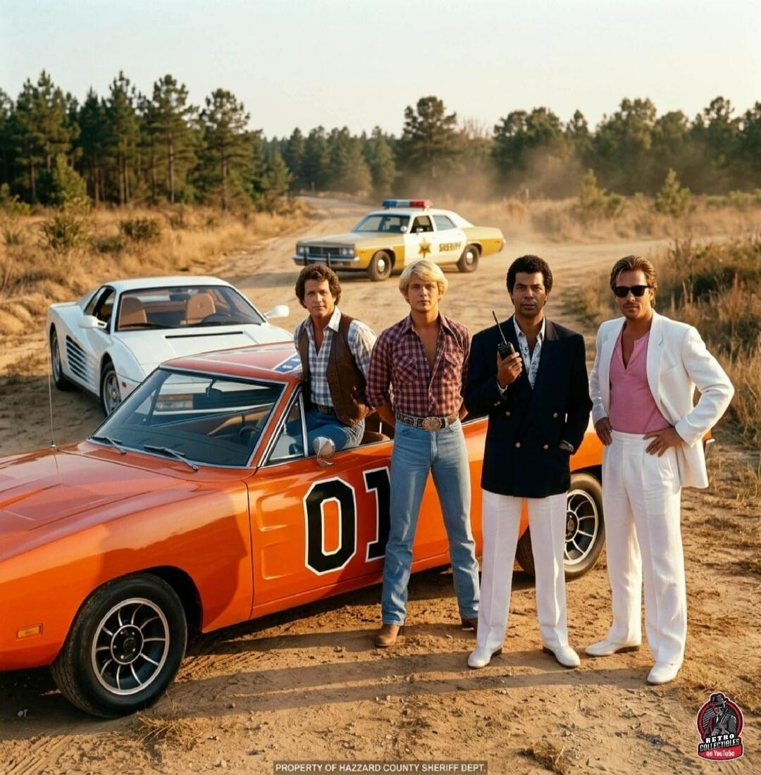 Four iconic TV show characters, Bo Duke, Luke Duke, Ricardo Tubbs, and Sonny Crockett, from 'The Dukes of Hazzard' and 'Miami Vice', are gathered on a dusty road with their signature cars: the General Lee (Dodge Charger '01') and a white Ferrari Testarossa. A sheriff's car is visible in the background. Text on image: 'SHERIFF', '01', 'PROPERTY OF H