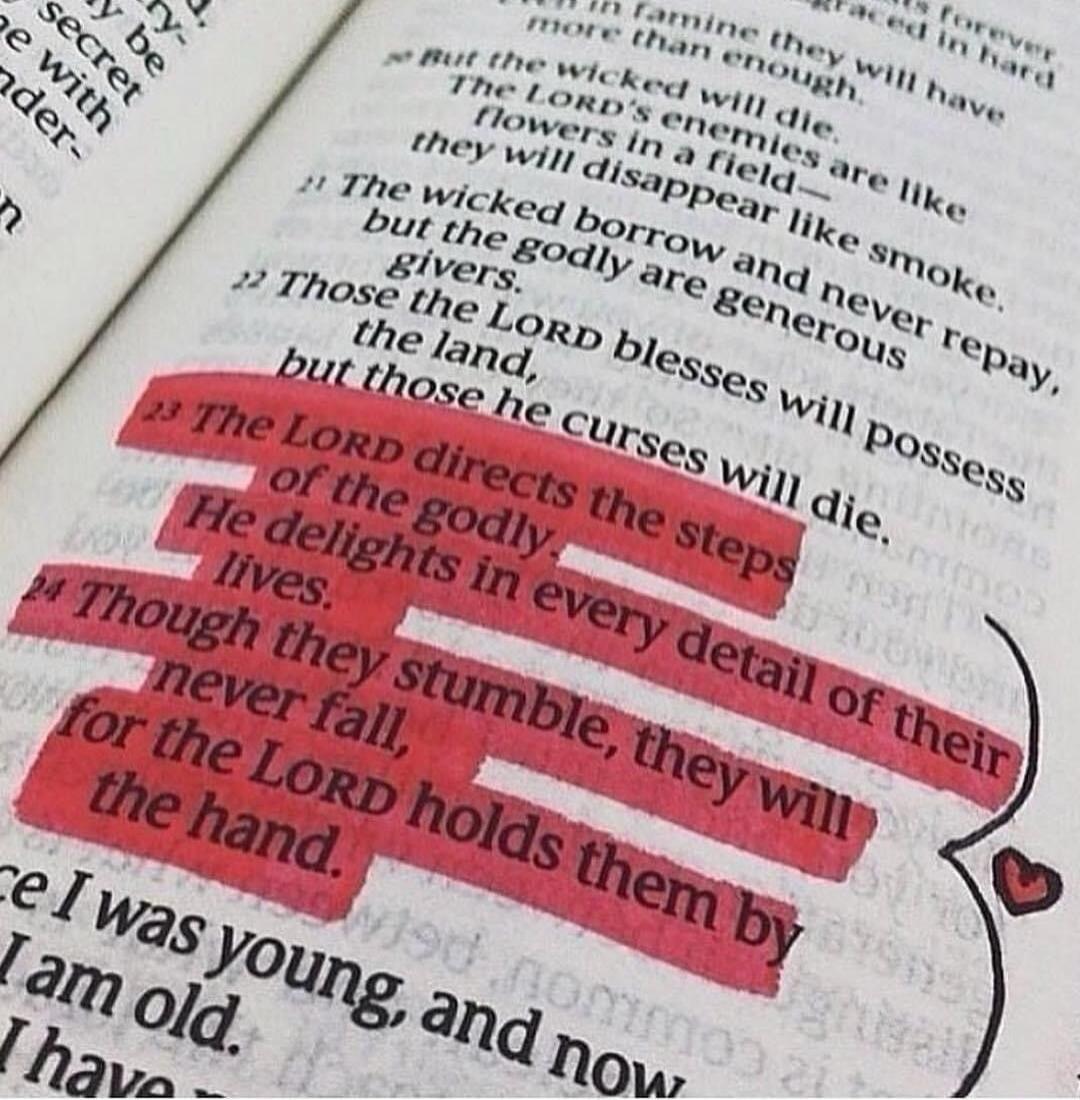 The LORD directs the steps of the godly. He delights in every detail of their lives. Though they stumble, they will never fall, for the LORD holds them by the hand.