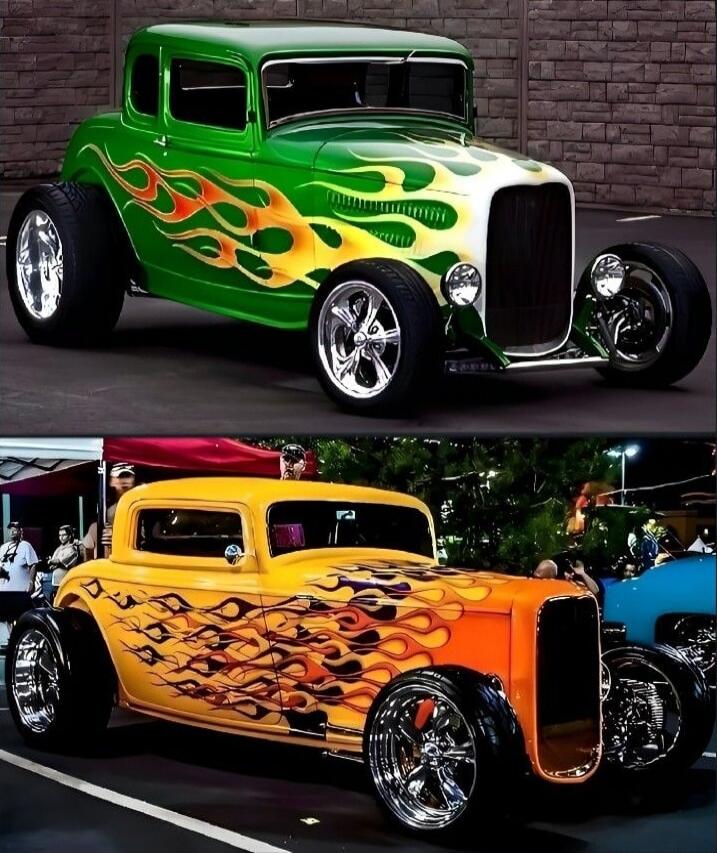 Two custom hot rod cars with vibrant flame paint jobs: a green car on top and an orange car on bottom.