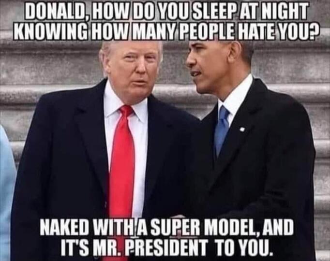DONALD, HOW DO YOU SLEEP AT NIGHT KNOWING HOW MANY PEOPLE HATE YOU? NAKED WITH A SUPER MODEL, AND IT'S MR. PRESIDENT TO YOU.