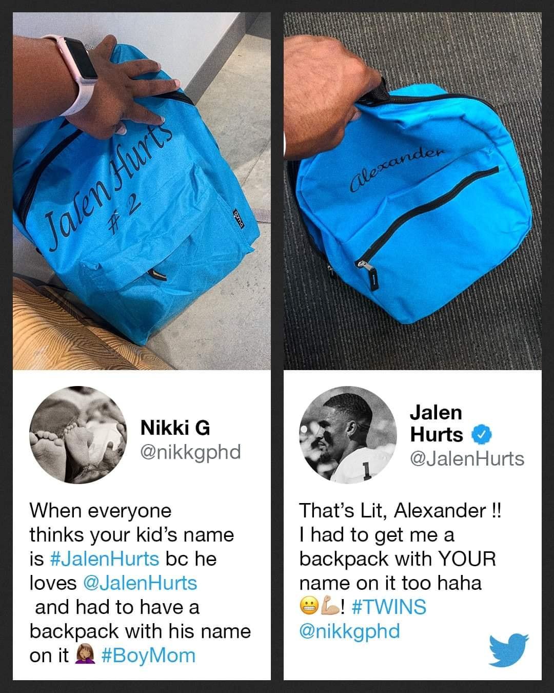 When everyone thinks your kids name is JalenHurts bc he loves and had to have a backpack with hIS name onit Jalen Hurts 1 JalenHurts Thats Lit Alexander had to get me a backpack with YOUR name on it too haha b