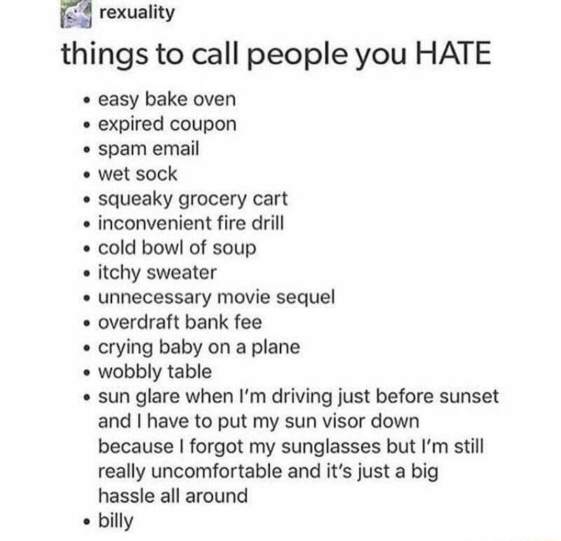 rexuality things to call people you HATE easy bake oven expired coupon spam email wet sock squeaky grocery cart inconvenient fire drill cold bowl of soup itchy sweater unnecessary movie sequel overdraft bank fee crying baby on a plane wobbly table sun glare when Im driving just before sunset and have to put my sun visor down because forgot my sunglasses but Im still really uncomfortable and its ju