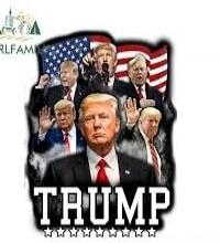 TRUMP collage featuring Donald Trump and multiple figures with an American flag background.