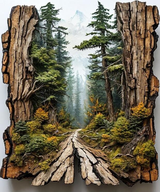 A carved wooden frame opens into a forest scene with tall trees and a cracked split trunk on a rocky path.