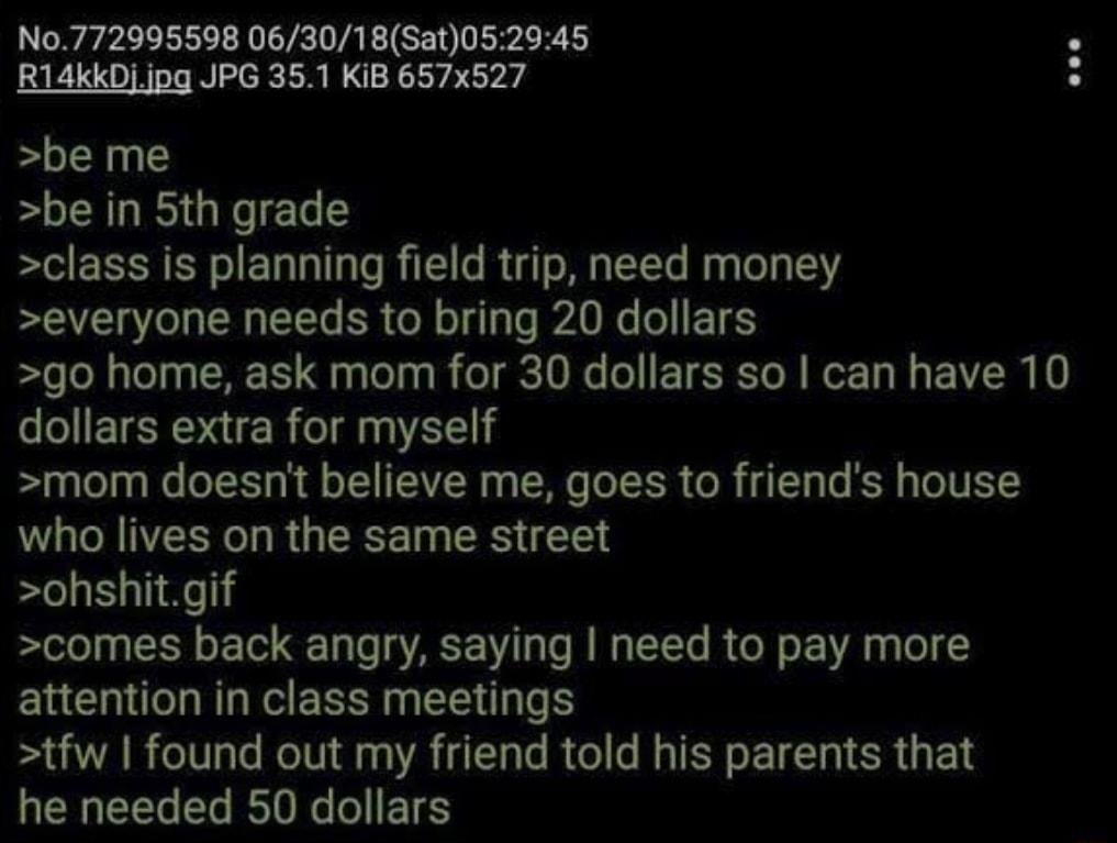 No772995598 063018Sat052945 R14kkDipg JPG 351 KiB 657x527 be me be in 5th grade class is planning field trip need money everyone needs to bring 20 dollars go home ask mom for 30 dollars so can have 10 dollars extra for myself mom doesnt believe me goes to friends house who lives on the same street ohshitgif comes back angry saying need to pay more attention in class meetings AR T ROITI R N R G GIE
