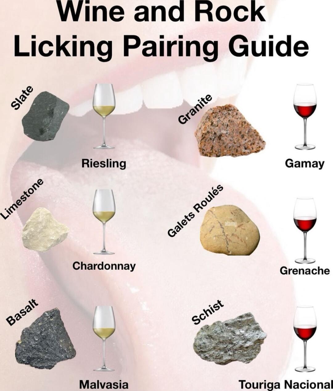 Wine and Rock Licking Pairing Guide T B Riesling Gmy o Ry 7 Chardonnay Rionactic oo 5 T Malvasia Touriga Nacional