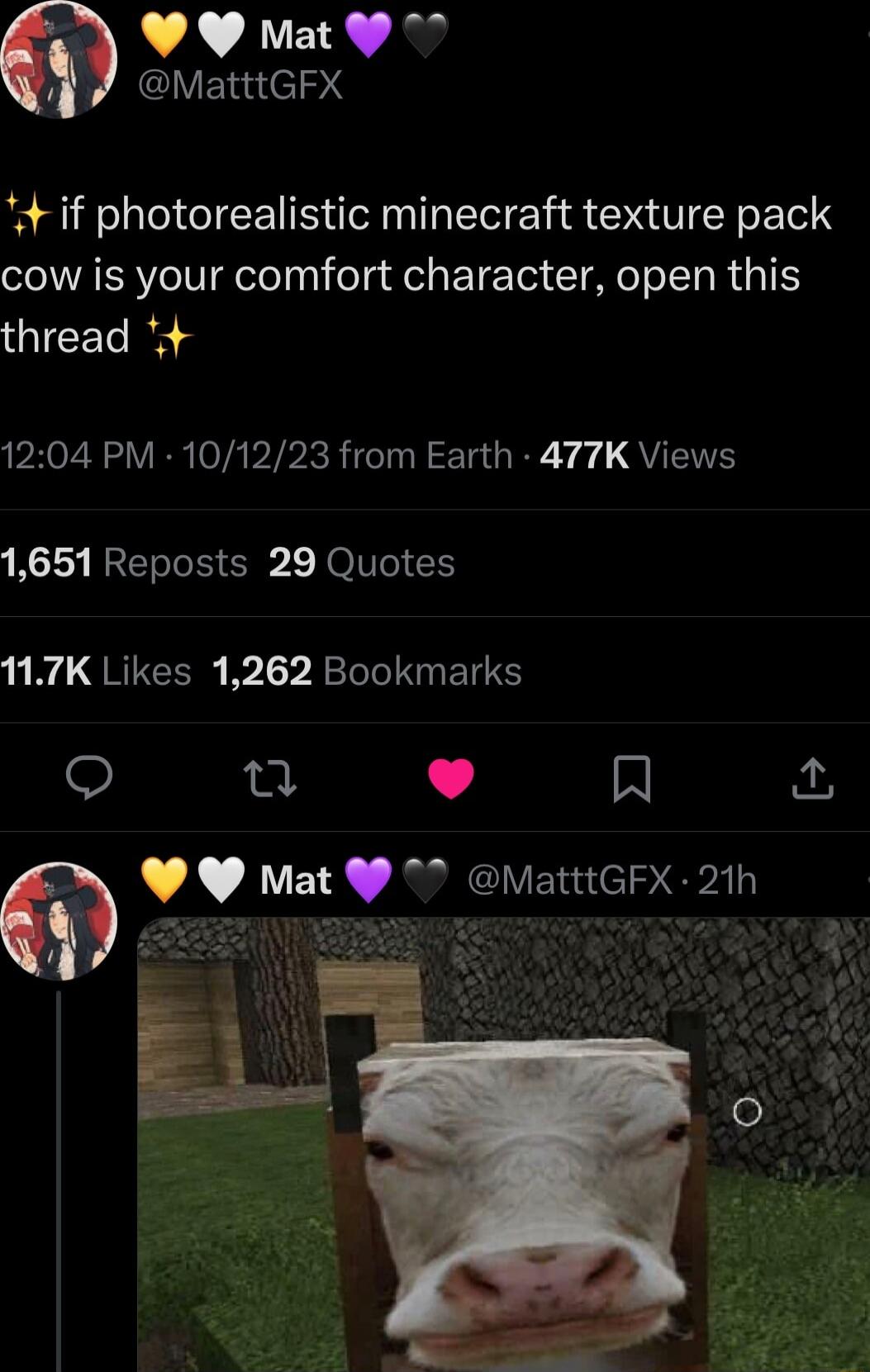 L A JVES e ClVEIEID 4 if photorealistic minecraft texture pack cow is your comfort character open this thread PHOZ NS VR A PIPRR TN T R QYIS 1651 Reposts 29 Quotes 117K Likes 1262 Bookmarks u J N Mat MatttGFX 21h