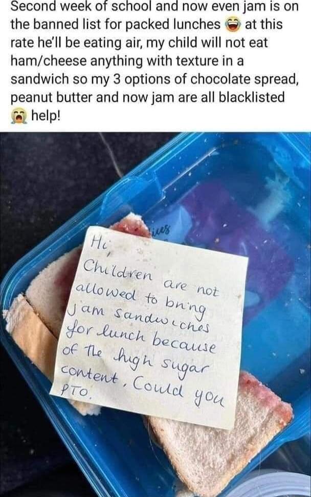 Second week of school and now even jam is on the banned list for packed lunches at this rate hell be eating air my child will not eat hamcheese anything with texture in a sandwich so my 3 options of chocolate spread peanut butter and now jam are all blacklisted help