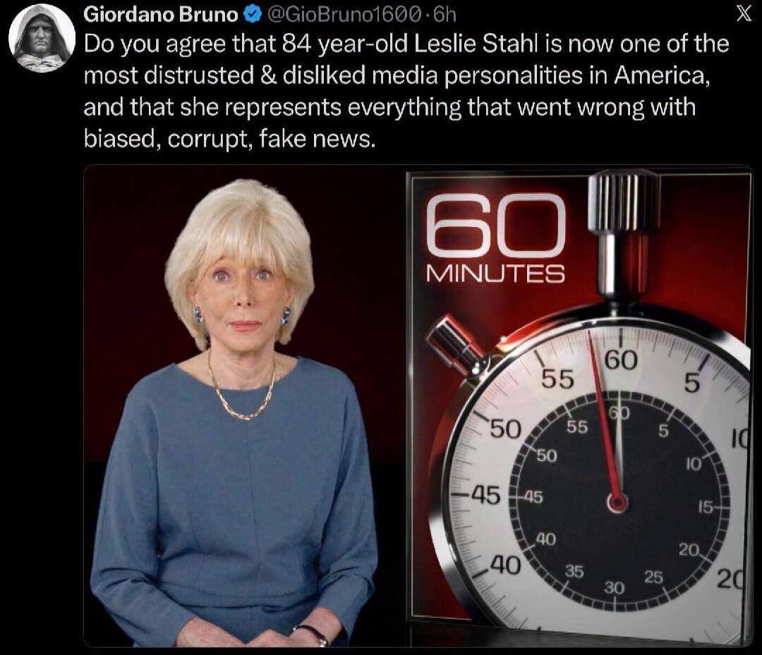 Do you agree that 84 year-old Leslie Stahl is now one of the most distrusted & disliked media personalities in America, and that she represents everything that went wrong with biased, corrupt, fake news. 60 MINUTES