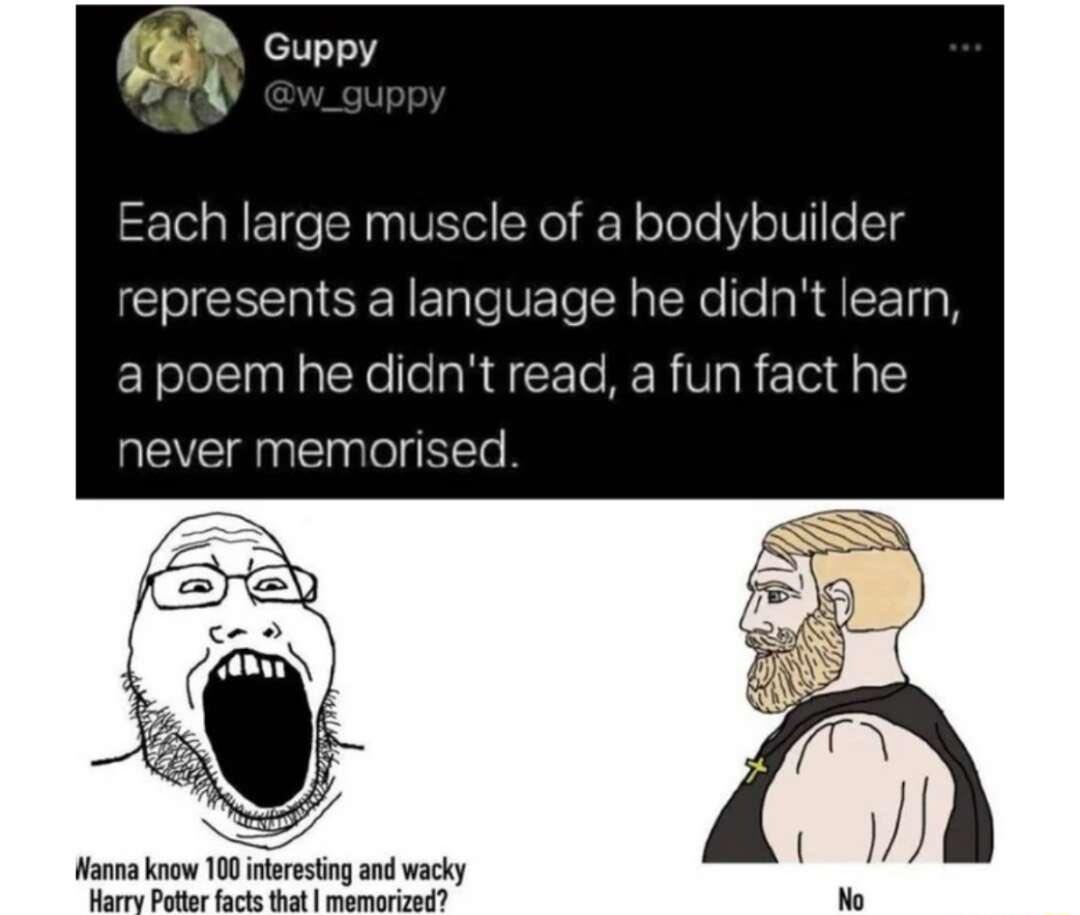 Guppy h large muscle of a bodybuilder represents a language he didnt learn apoem he didnt read a fun fact he ever memori Nanna know 100 nterestingand wacky Harry Potter facts that memorized No