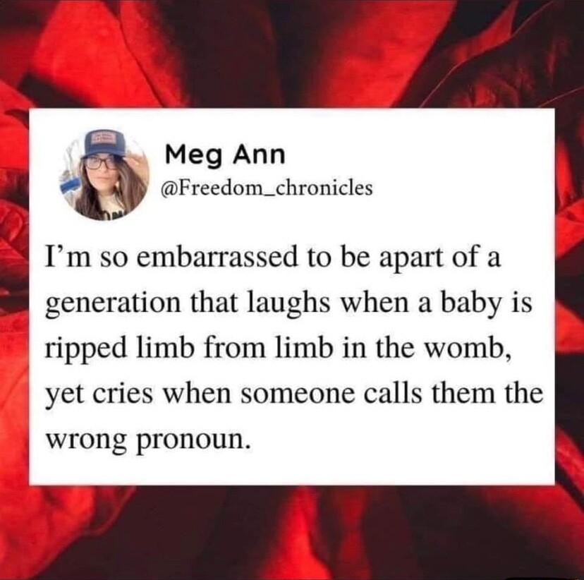 l Meg Ann Freedom_chronicles K i Im so embarrassed to be apart of a generation that laughs when a baby is ripped limb from limb in the womb yet cries when someone calls them the wrong pronoun A