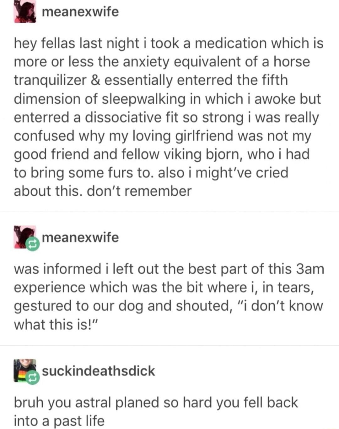meanexwife hey fellas last night i took a medication which is more or less the anxiety equivalent of a horse tranquilizer essentially enterred the fifth dimension of sleepwalking in which i awoke but enterred a dissociative fit so strong i was really confused why my loving girlfriend was not my good friend and fellow viking bjorn who i had to bring some furs to also i mightve cried about this dont