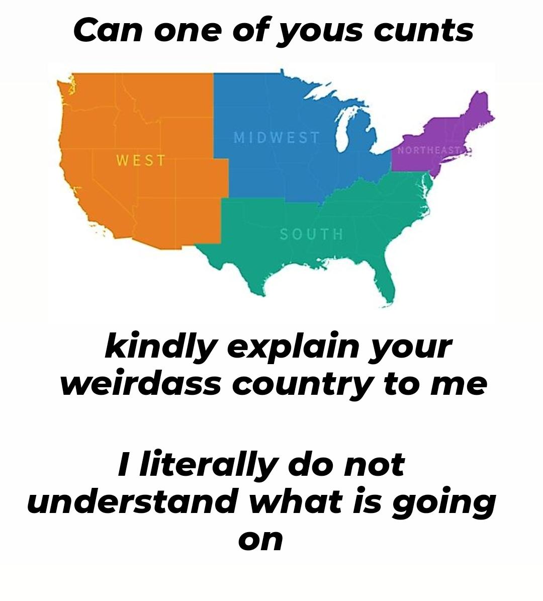 Can one of yous cunts kindly explain your weirdass country to me I literally do not understand what is going on
