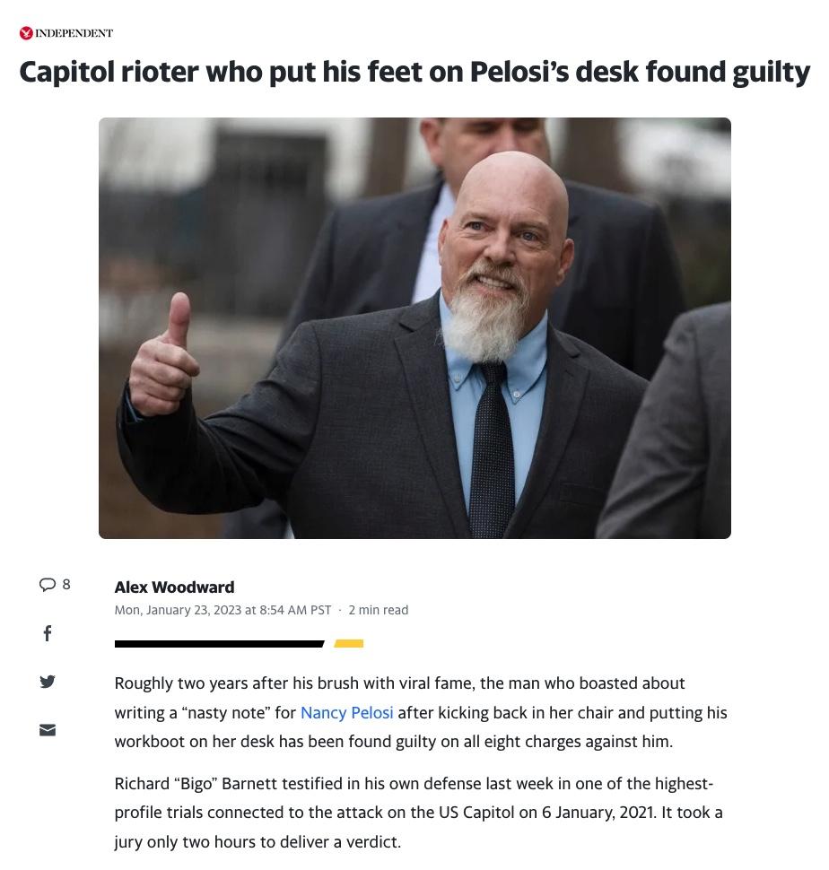 Capitol rioter who put his feet on Pelosis desk found guilty ex Woodward Roughly twa yersste s brush with s famthe i whbossted st rting 3 nasty ot for Nancy Pelos st Kicking backinhe chai and putting his Workboot n her desk hasbeen found gulty on i eigh charges against i Rchard Big Barmert tesfed i s o defense s week i ne f th highest profie il conncted 1 the attack o the U Capitolon anuary 2021 o