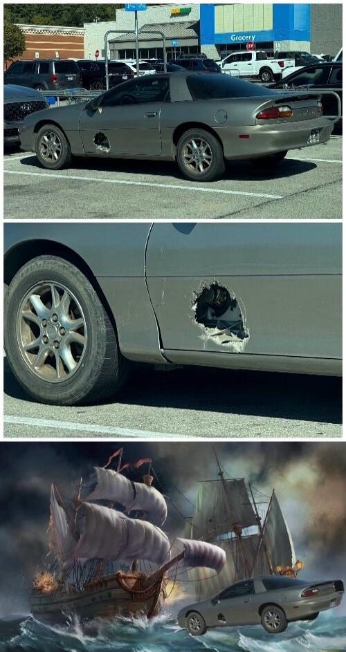 A grey car with a large hole in its side is parked in a grocery store parking lot, with 'Subway' and 'Grocery' signs visible in the background. A close-up shows the damage. The car is then photoshopped into a stormy sea battle scene with pirate ships, implying it was hit by a cannonball.