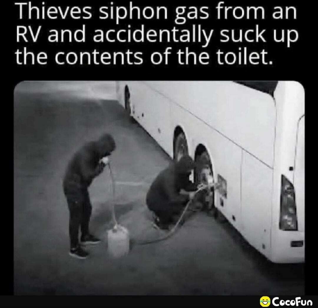 Thieves siphon gas from an RV and accidentally suck up the contents of the toilet.