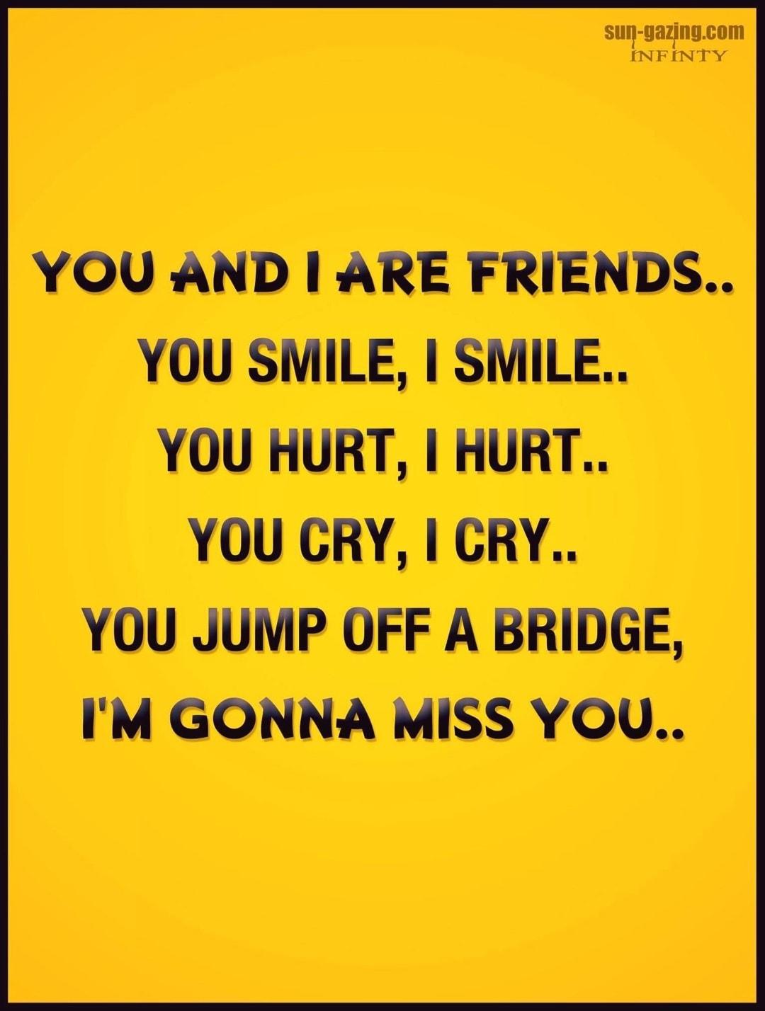 YOU AND ARE FRIENDS YOU SMILE SMILE YOU HURT HURT YOU CRY I CRY YOU JUMP OFF A BRIDGE IM GONNA MISS YOU