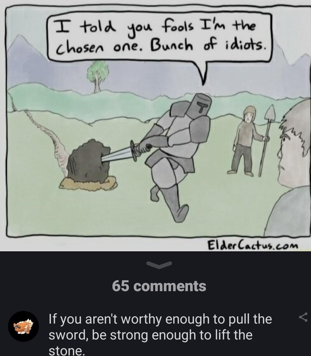 T fold you Fools T he chosen one Bunch of idiots ElderCactuscom 65 comments If you arent worthy enough to pull the sword be strong enough to lift the stone