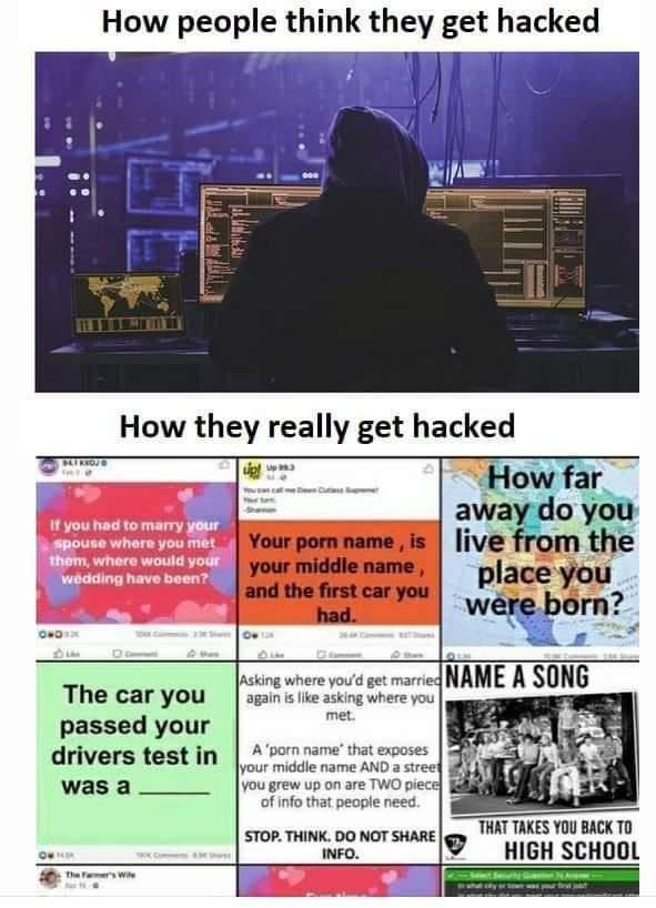 How people think they get hacked How they really get hacked i How far 5 B away do your 4 Vour porn name is immhi your middle name place YOU a and the first e R won P asking where youd get marrie The car you again s lie asking where you passed your e drivers test in Ao name that exposes your middle name AND a street was a you grew up on are TWO piece of info that people need o AT TAKES YOU BACKTO W