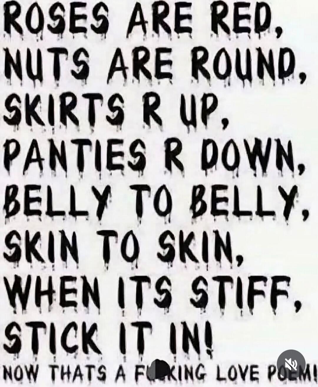 ROSES ARE RED, NUTS ARE ROUND, SKIRTS ARE UP, PANTIES ARE DOWN, BELLY TO BELLY, SKIN TO SKIN, WHEN IT'S STIFF, STICK IT IN! NOW THAT'S A F***ING LOVE POEM!