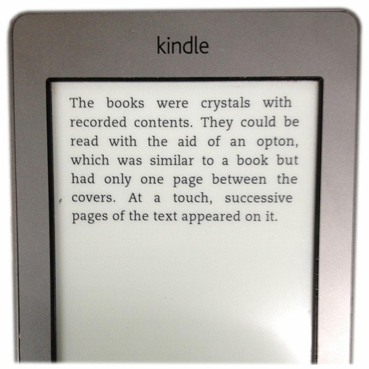 The books were crystals with recorded contents They could be read with the aid of an opton which was similar to a book but had only one page between the covers At a touch successive pages of the text appeared on it