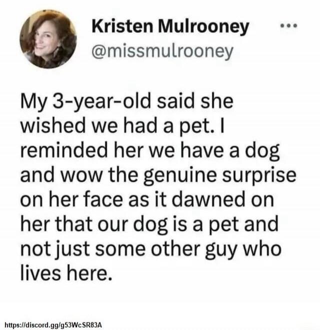 My 3-year-old said she wished we had a pet. I reminded her we have a dog and wow the genuine surprise on her face as it dawned on her that our dog is a pet and not just some other guy who lives here.