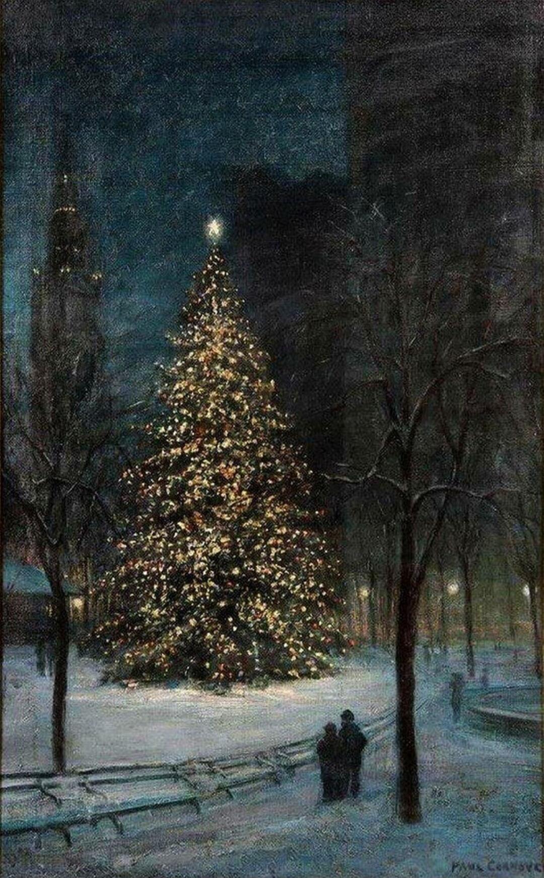 A nighttime painting of a large, lit Christmas tree in a snowy park. In the foreground, a couple stands near a bench, with bare trees and dim city buildings in the background. The tree is illuminated with numerous small lights, creating a festive glow.