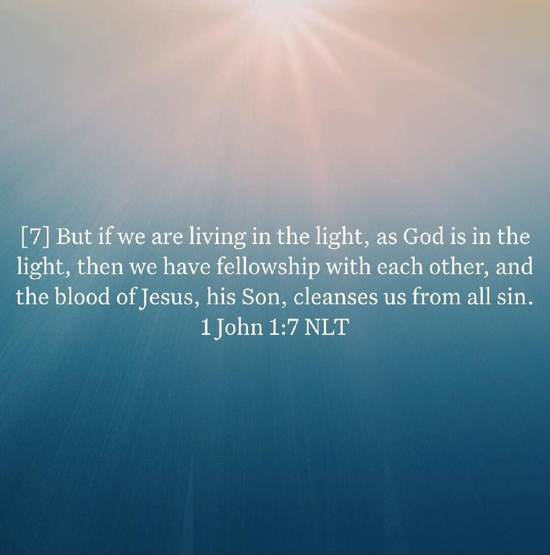 [7] But if we are living in the light, as God is in the light, then we have fellowship with each other, and the blood of Jesus, his Son, cleanses us from all sin. 1 John 1:7 NLT
