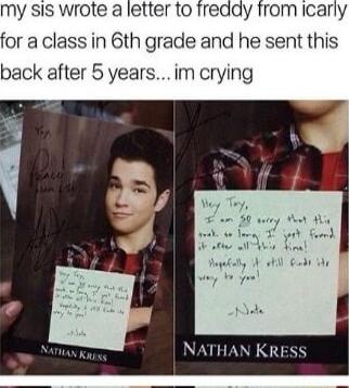my sis wrote a letter to freddy from icarly for a class in 6th grade and he sent this back after 5 yearsim crying