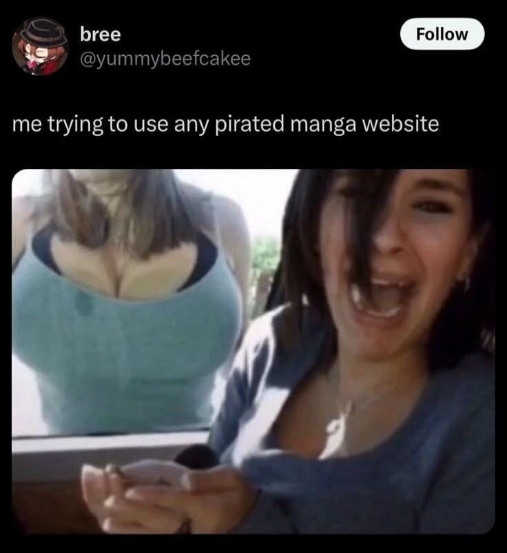bree @yummybeefcakee Follow me trying to use any pirated manga website