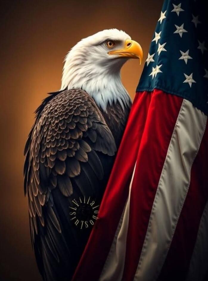 A bald eagle near an American flag.