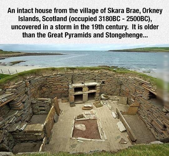 An intact house from the village of Skara Brae Orkney Islands Scotland occupied 3180BC 2500BC uncovered in a storm in the 19th century It is older than the Great Pyramids and Stongehenge