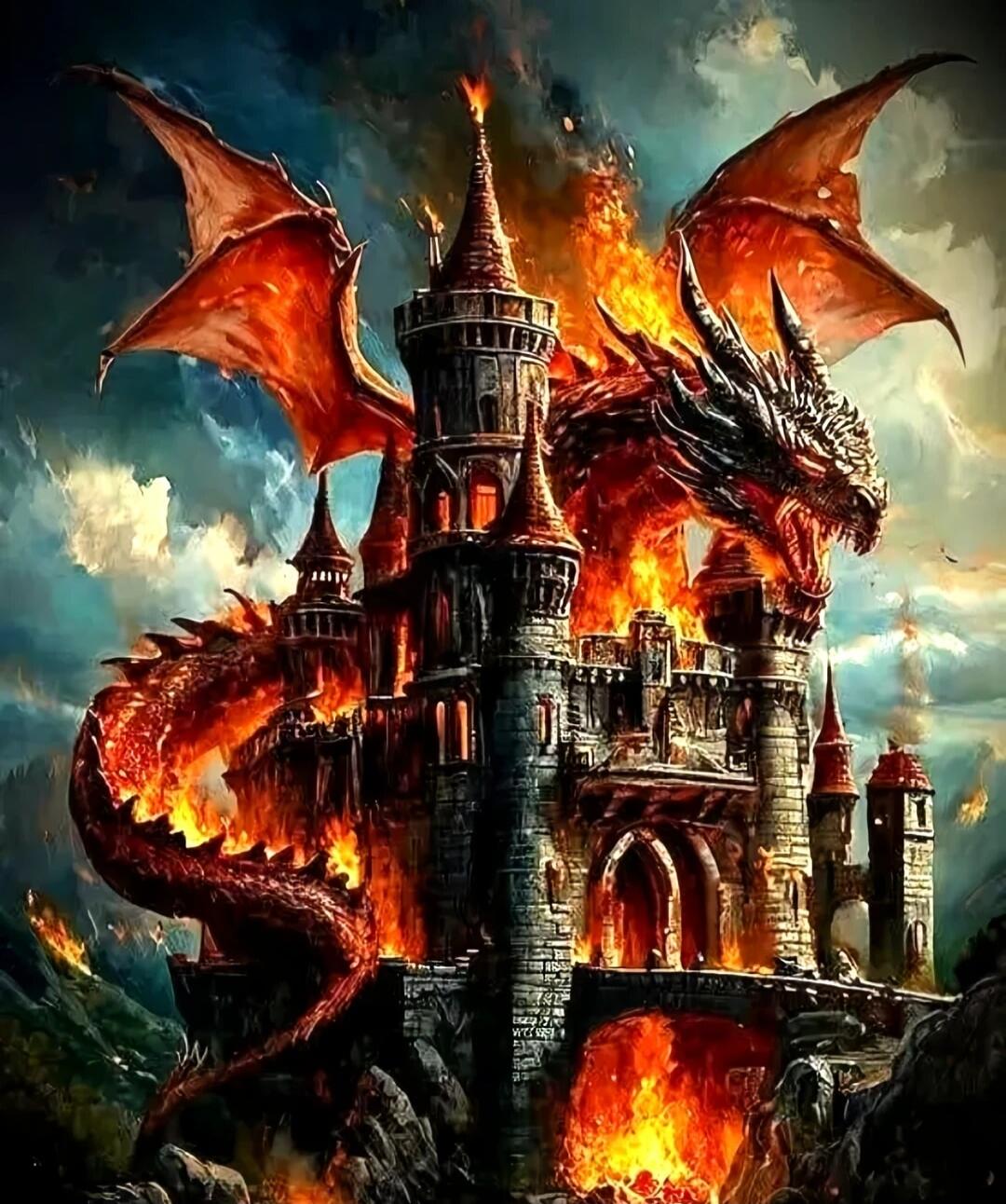 A fiery dragon attacking a medieval castle