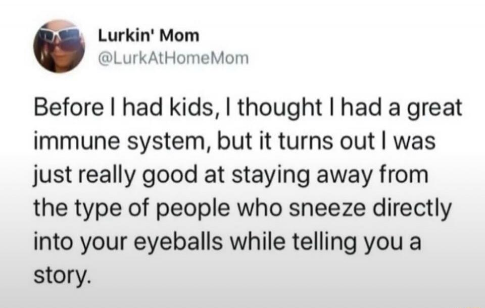 Before I had kids, I thought I had a great immune system, but it turns out I was just really good at staying away from the type of people who sneeze directly into your eyeballs while telling you a story.