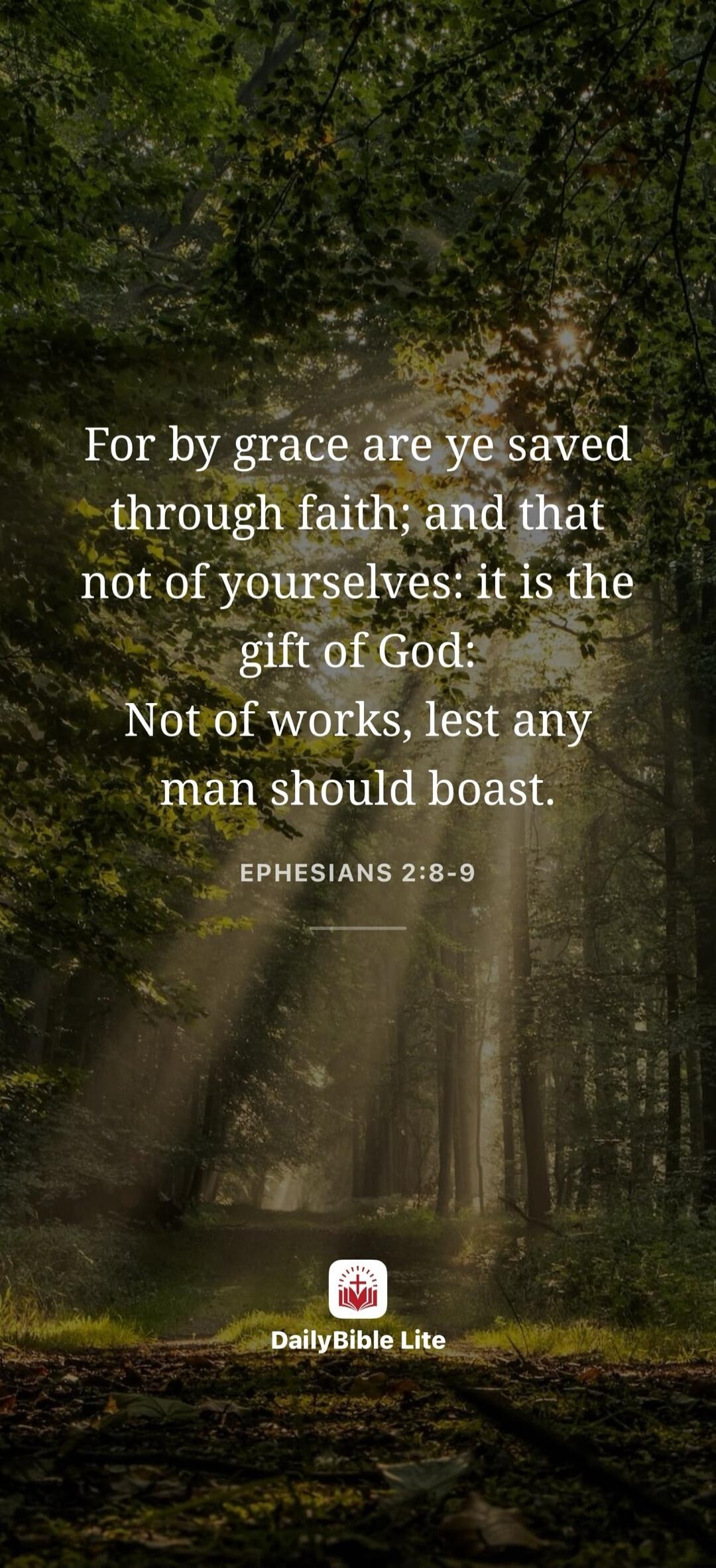For by grace are ye saved through faith; and that not of yourselves: it is the gift of God: Not of works, lest any man should boast. EPHESIANS 2:8-9 DailyBible Lite