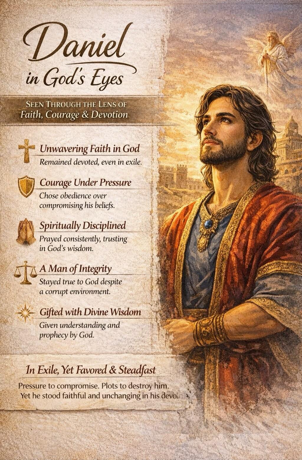 Daniel in God's Eyes. Seen Through the Lens of Faith, Courage & Devotion. Unwavering Faith in God. Remained devoted, even in exile. Courage Under Pressure. Chose obedience over compromising his beliefs. Spiritually Disciplined. Prayed consistently, trusting in God's wisdom. A Man of Integrity. Stayed true to God despite a corrupt environment. Gifte