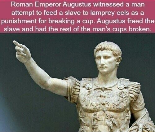 Roman Emperor Augustus witnessed a man attempt to feed a slave to lamprey eels as a punishment for breaking a cup Augustus freed the slave and had the rest of the mans cups broken