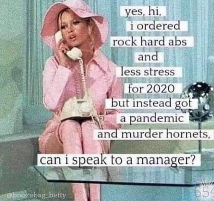 yes, hi, i ordered rock hard abs and less stress for 2020 but instead got a pandemic and murder hornets, can i speak to a manager?