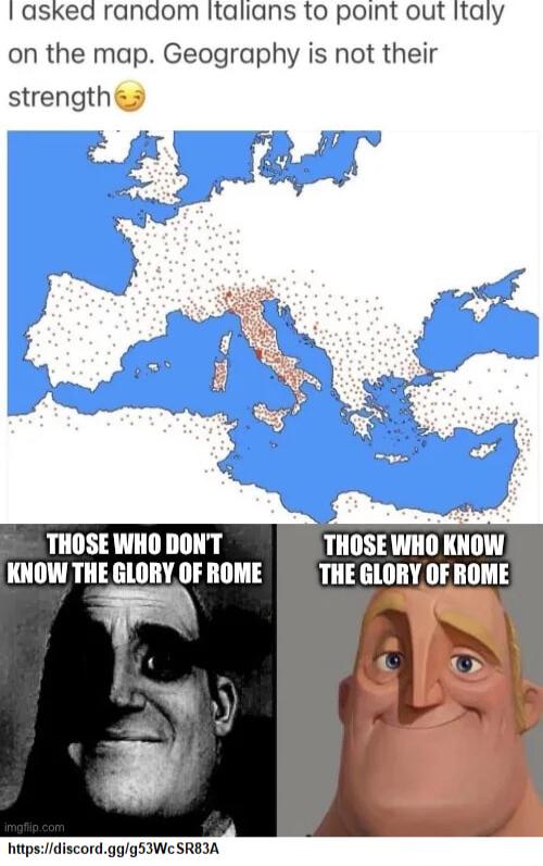 asked ranaom italians to point out Italy on the map Geography is not their strengthy THOSE WHO DONT THIISEWHI KNOW KNOW THE GLORY OF ROME THE GLORY OF ROME hitpsidiscordggg5IWeSRBIA