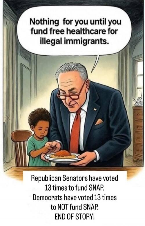 Nothing for you until you fund free healthcare for illegal immigrants. Republican Senators have voted 13 times to fund SNAP. Democrats have voted 13 times to NOT fund SNAP. END OF STORY!