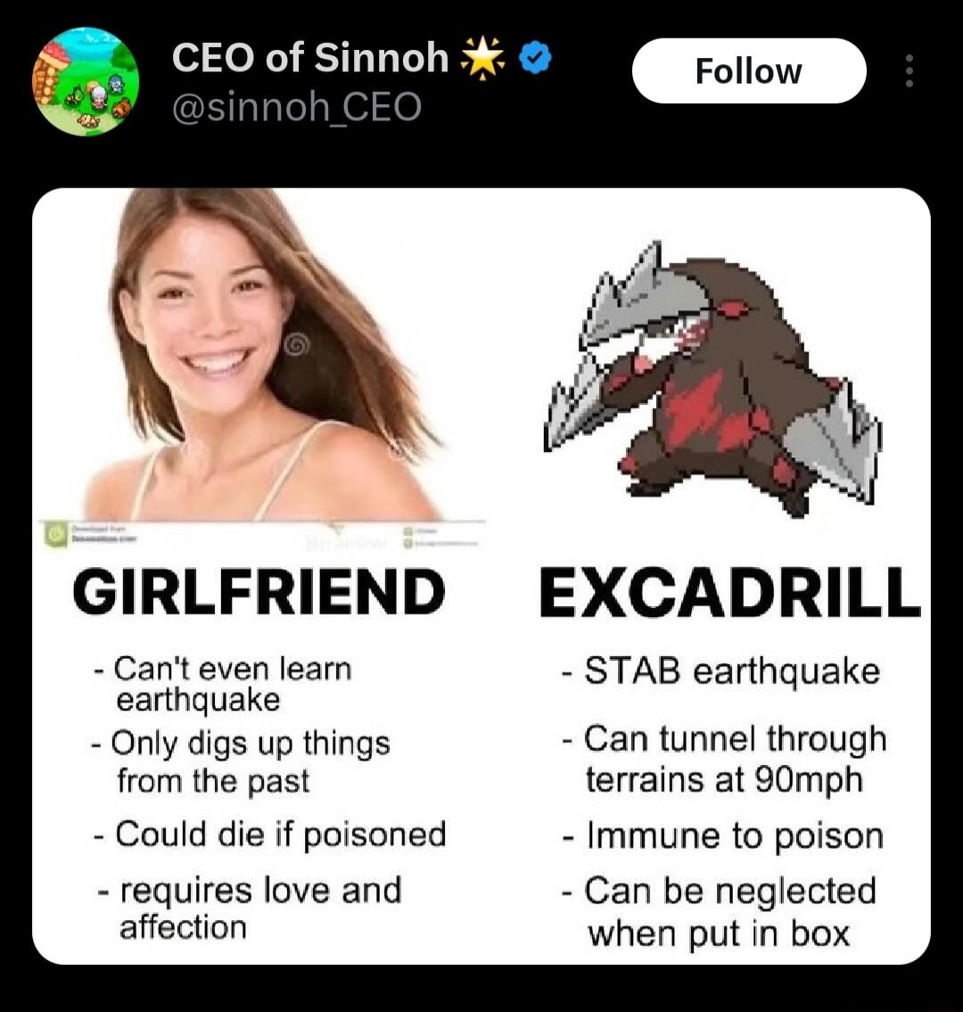 CEO of Sinnoh GIRLFRIEND EXCADRILL Cant even learn STAB earthquake earthquake Only digs up things Can tunnel through from the past terrains at 90mph Could die if poisoned Immune to poison requires love and Can be neglected affection when put in box
