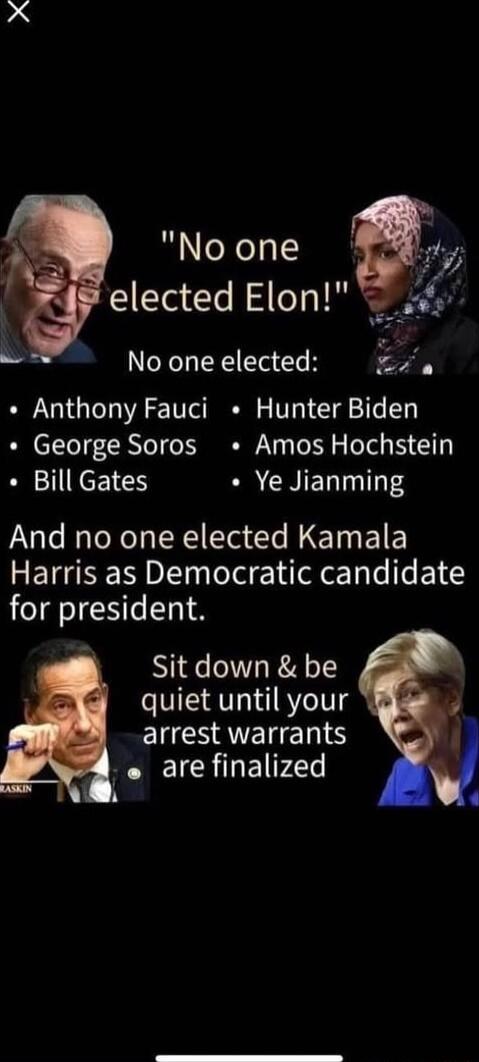 No one elected Elon No one elected Anthony Fauci Hunter Biden George Soros Amos Hochstein Bill Gates Ye Jianming And no one elected Kamala Harris as Democratic candidate for president Sit down be quiet until your J EUCHAVERENS o arefinalized h